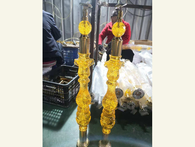 KLE-228TB yellow acrylic crystal stair railing column with gold stainless steel hardware and gorgeous European carving style